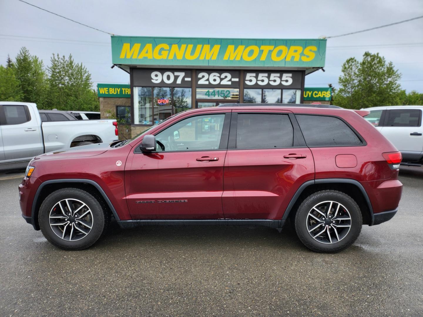 2019 Burgundy /Black Jeep Grand Cherokee Trailhawk 4WD (1C4RJFLG7KC) with an 3.6L V6 DOHC 24V engine, 8A transmission, located at 1960 Industrial Drive, Wasilla, 99654, (907) 274-2277, 61.573475, -149.400146 - Photo#0