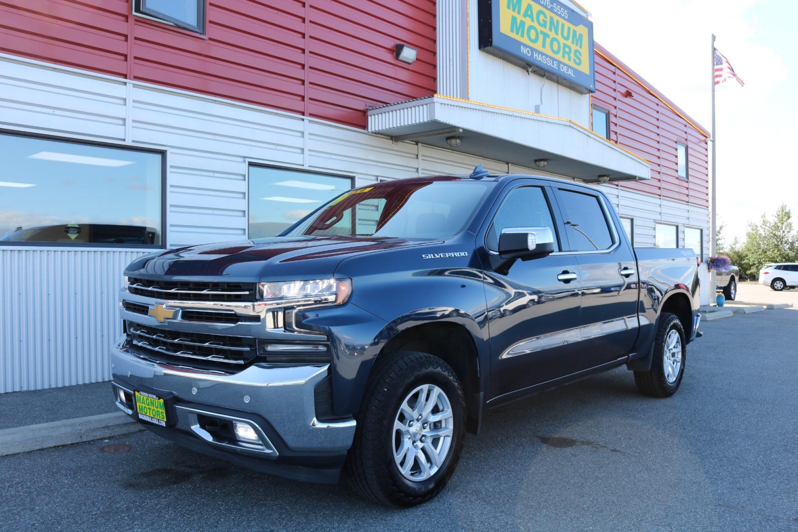 2019 Blue /black leather Chevrolet Silverado 1500 LTZ Crew Cab 4WD (3GCUYGED8KG) with an 5.3L V8 OHV 16V engine, 6A transmission, located at 1960 Industrial Drive, Wasilla, 99654, (907) 274-2277, 61.573475, -149.400146 - Photo#0